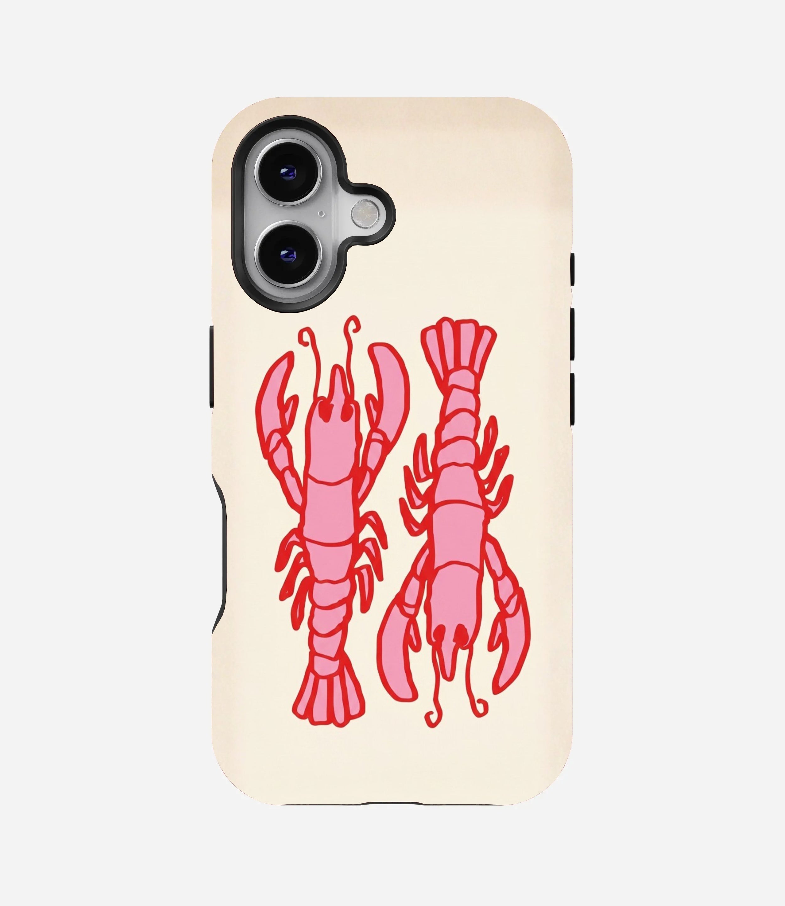 Cream phone case featuring two stylized pink and red lobsters side-by-side.